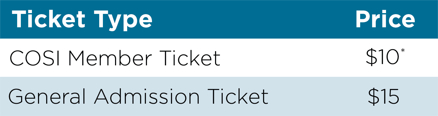 COSI Member Ticket: Price is $10. General Admission Ticket: Price is $15