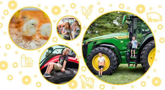 Images going from left to right, a chick, volunteers, and kids with tractors.